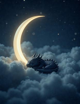 The primary subject of the image is a dragon, which is lying on a cloud. The setting is a nighttime sky, with a moon visible in the background. The visual style is a digital art or illustration, creating a whimsical and imaginative atmosphere. The dominant colors are shades of blue and white, which contribute to the serene and dreamy mood of the scene.